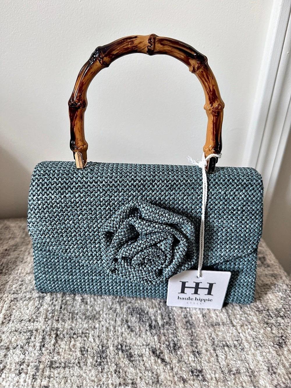 NWT Haute Hippie Teal Woven Bamboo Handle Floral Crossbody Handbag